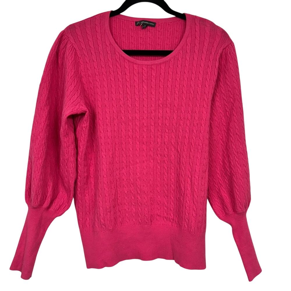 Adrianna Papell Hot Pink Cable Knit Sweater Womens M Bishop Sleeve Crew Neck